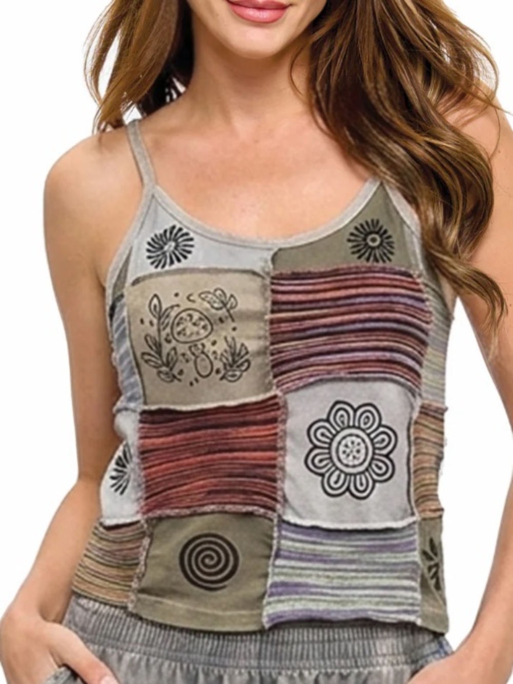 26447 GRYM Yak & Yeti Boho Patchwork Ribbed Art Painted Tank Top  Various Sizes